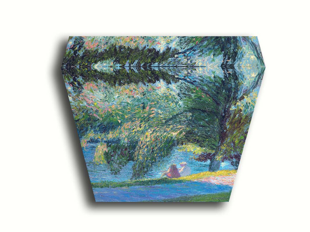 A painting of two people sitting by the water, near a park sidewalk, with a lare tree above them. Printed on canvas.