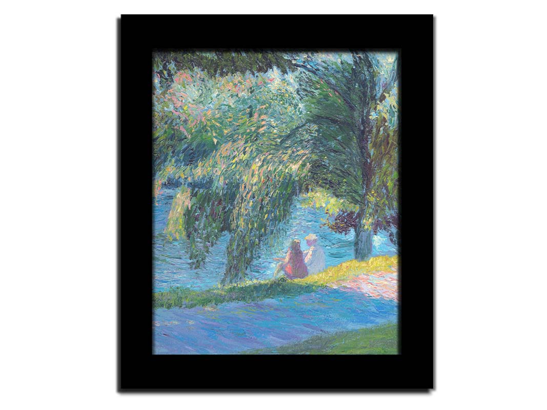 A painting of two people sitting by the water, near a park sidewalk, with a lare tree above them. Printed on canvas and framed.