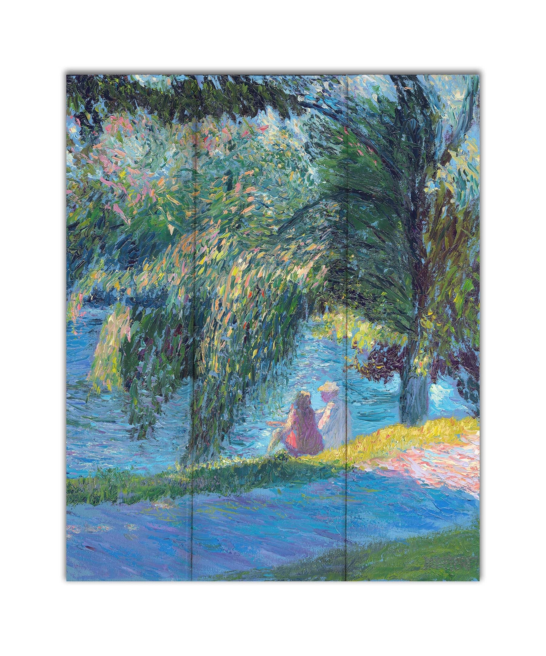 A painting of two people sitting by the water, near a park sidewalk, with a lare tree above them. Printed on a box board.