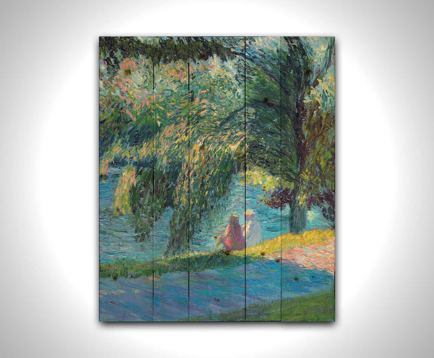 A painting of two people sitting by the water, near a park sidewalk, with a lare tree above them. Printed on a wood pallet.