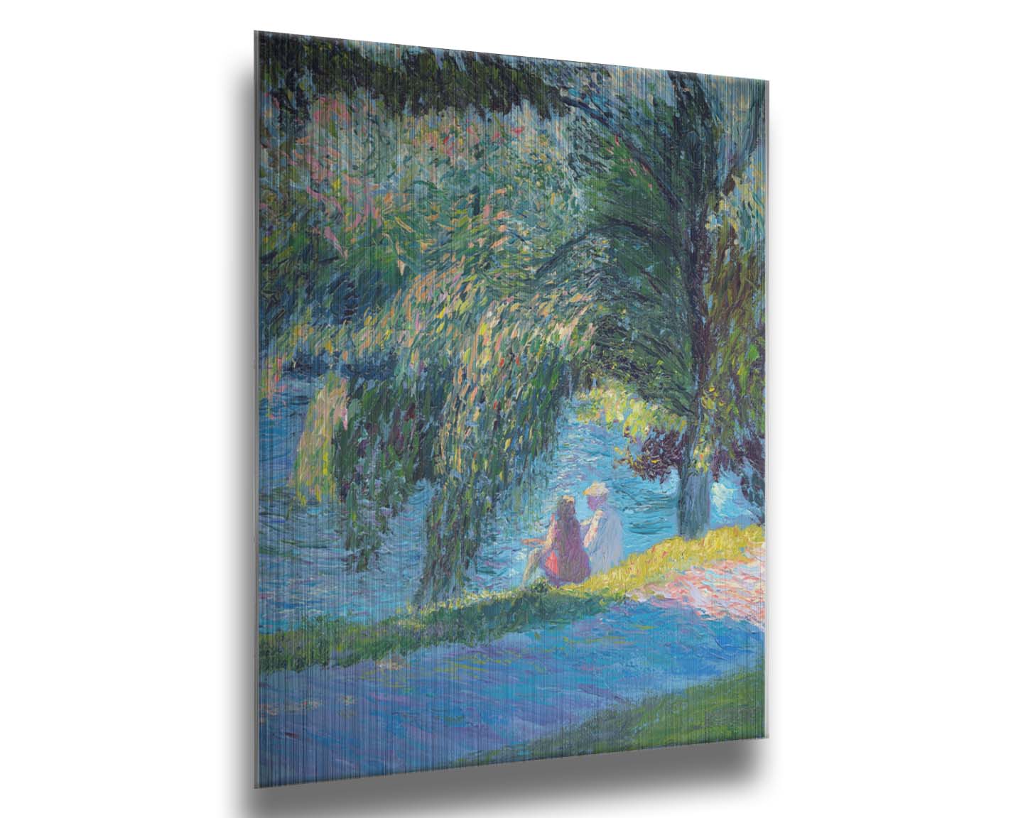 A painting of two people sitting by the water, near a park sidewalk, with a lare tree above them. Printed on metal.