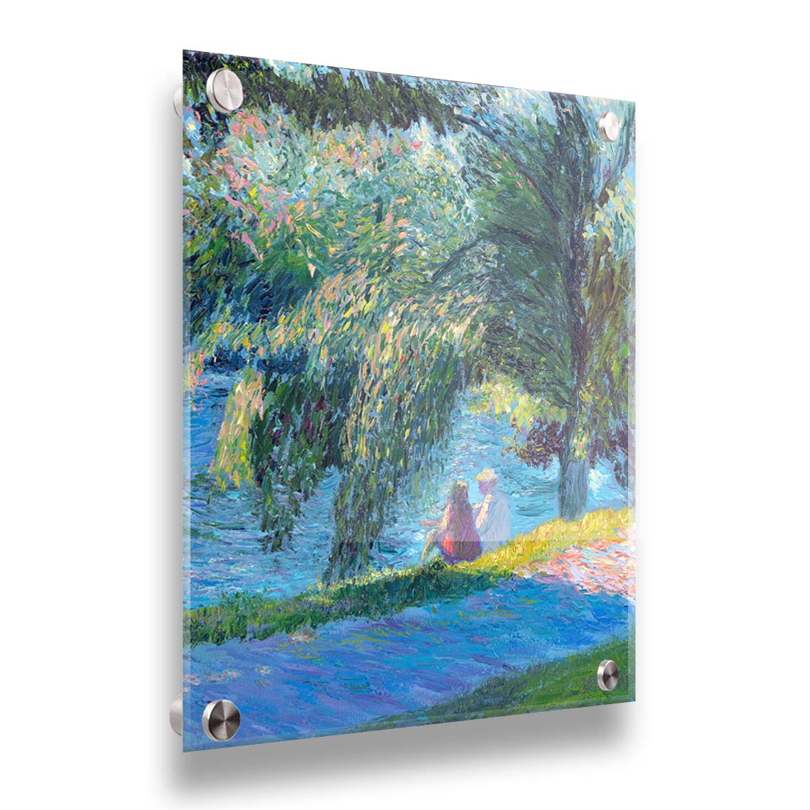 A painting of two people sitting by the water, near a park sidewalk, with a lare tree above them. Printed on acrylic.