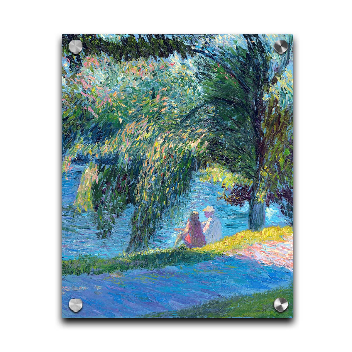 A painting of two people sitting by the water, near a park sidewalk, with a lare tree above them. Printed on acrylic.