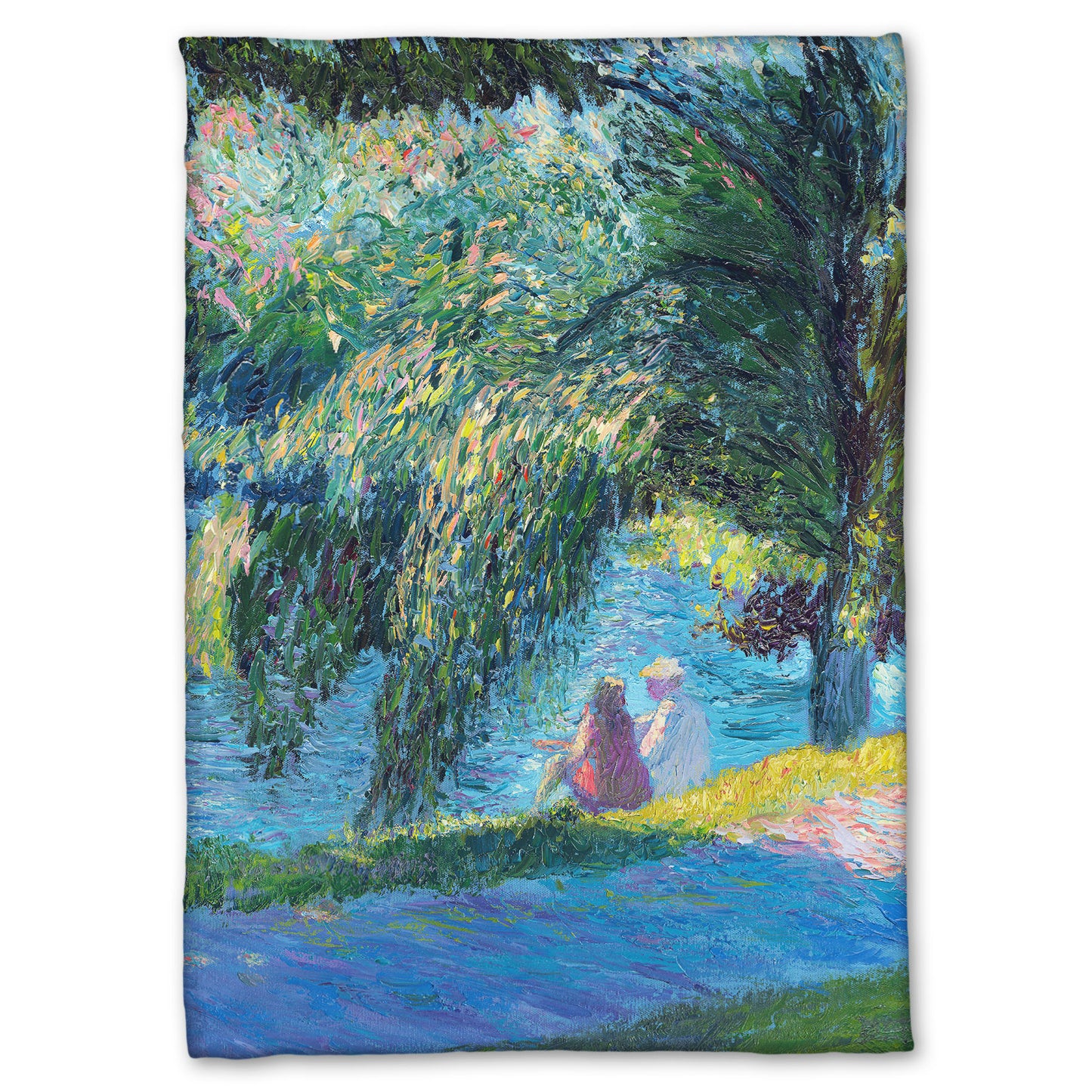 A fleece blanket designed with a painting of two people sitting by the water, near a park sidewalk, with a large tree above them.