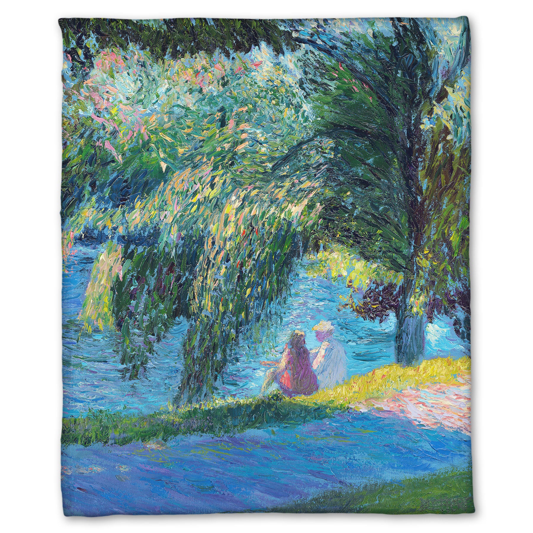 A fleece blanket designed with a painting of two people sitting by the water, near a park sidewalk, with a large tree above them.