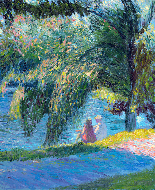 A painting of two people sitting by the water, near a park sidewalk, with a large tree above them.