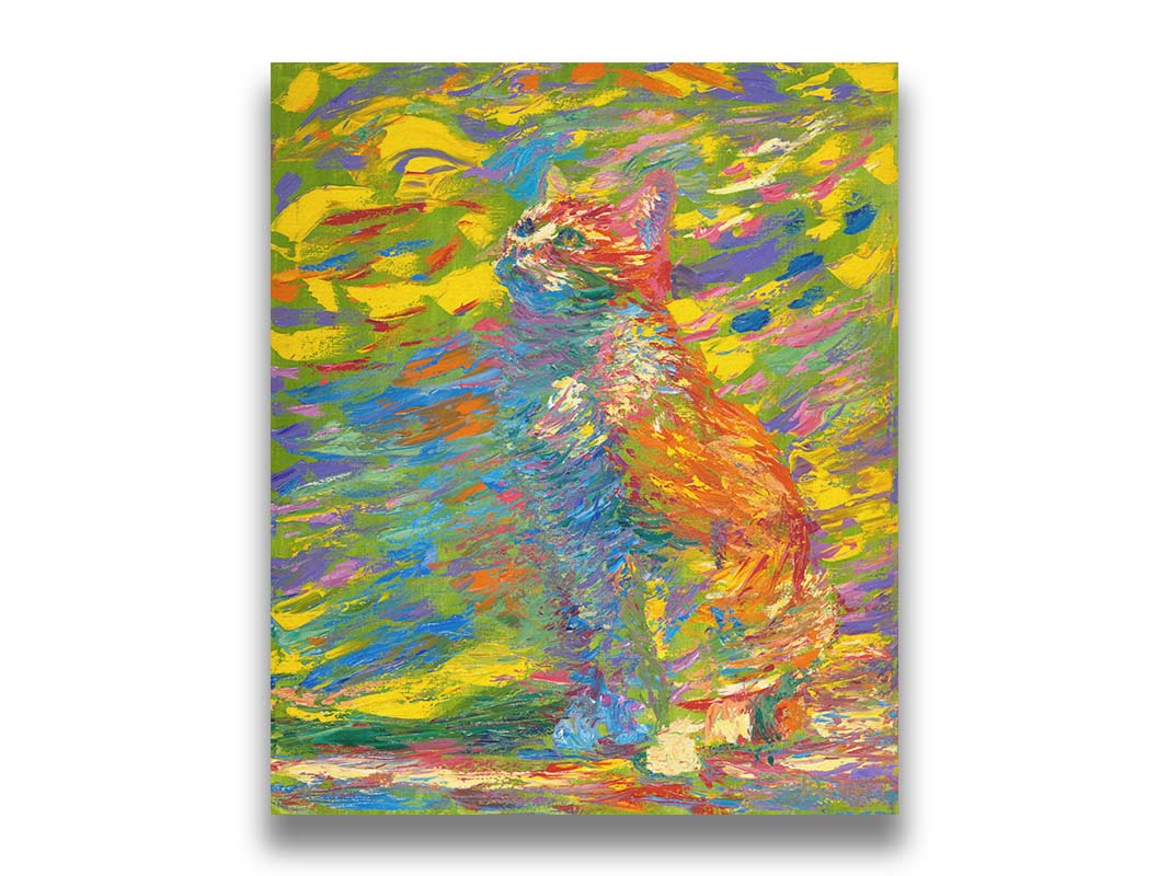 A painting of a cat done in broken color. The cat is sitting in a colorful environment and is composed of arbitrary color. Printed on canvas.