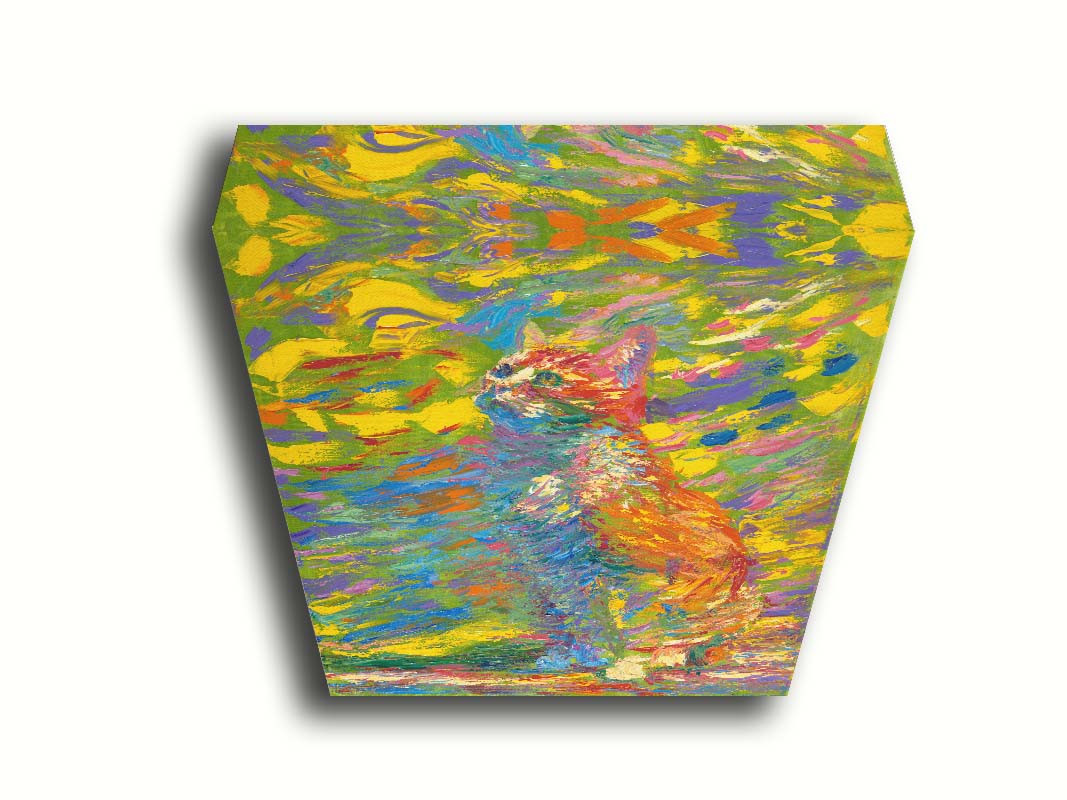 A painting of a cat done in broken color. The cat is sitting in a coloful environment and is composed of arbitrary color. Printed on canvas.