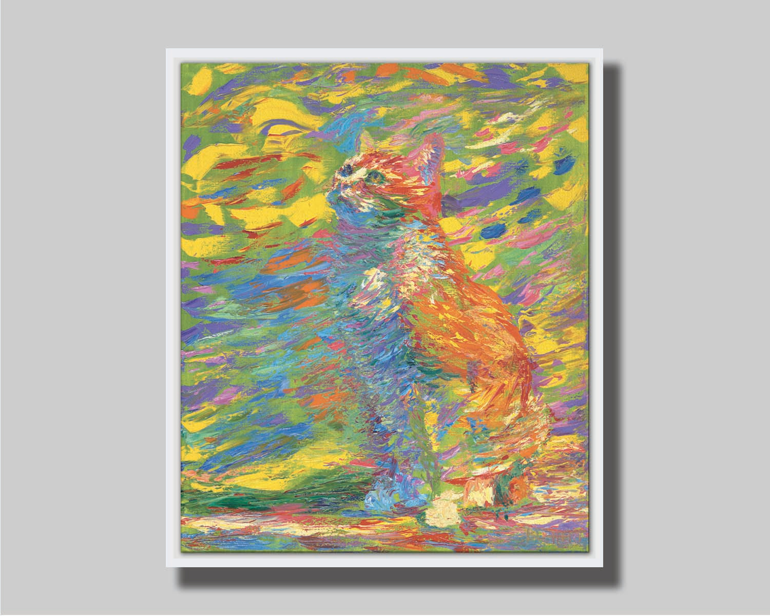 A painting of a cat done in broken color. The cat is sitting in a colorful environment and is composed of arbitrary color. Printed on canvas in a float frame.