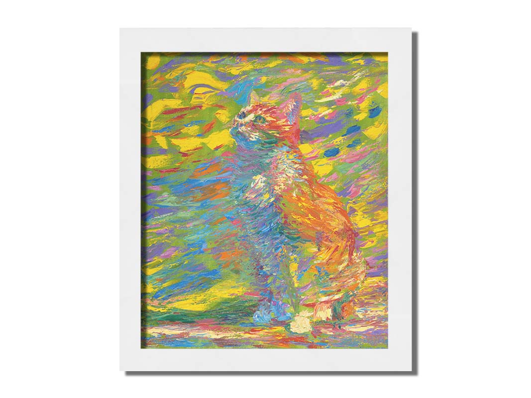 A painting of a cat done in broken color. The cat is sitting in a colorful environment and is composed of arbitrary color. Printed on canvas and framed.