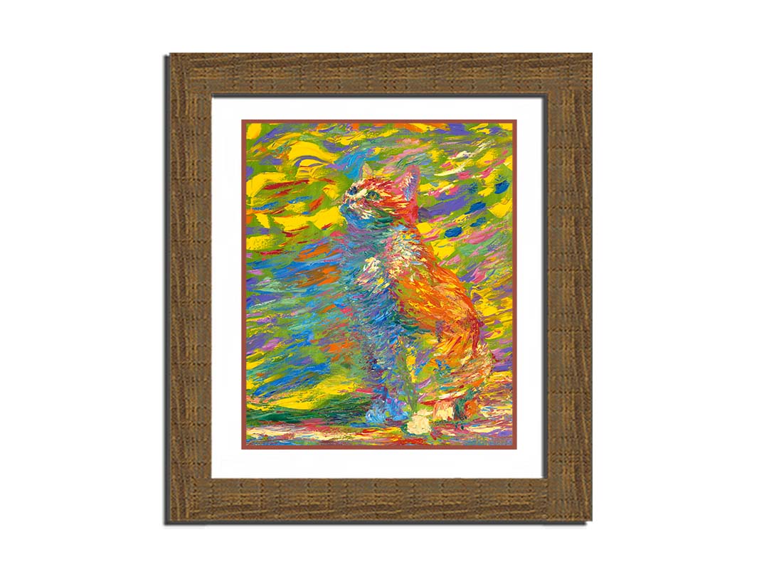A painting of a cat done in broken color. The cat is sitting in a colorful environment and is composed of arbitrary color. Printed on paper, matted, and framed.