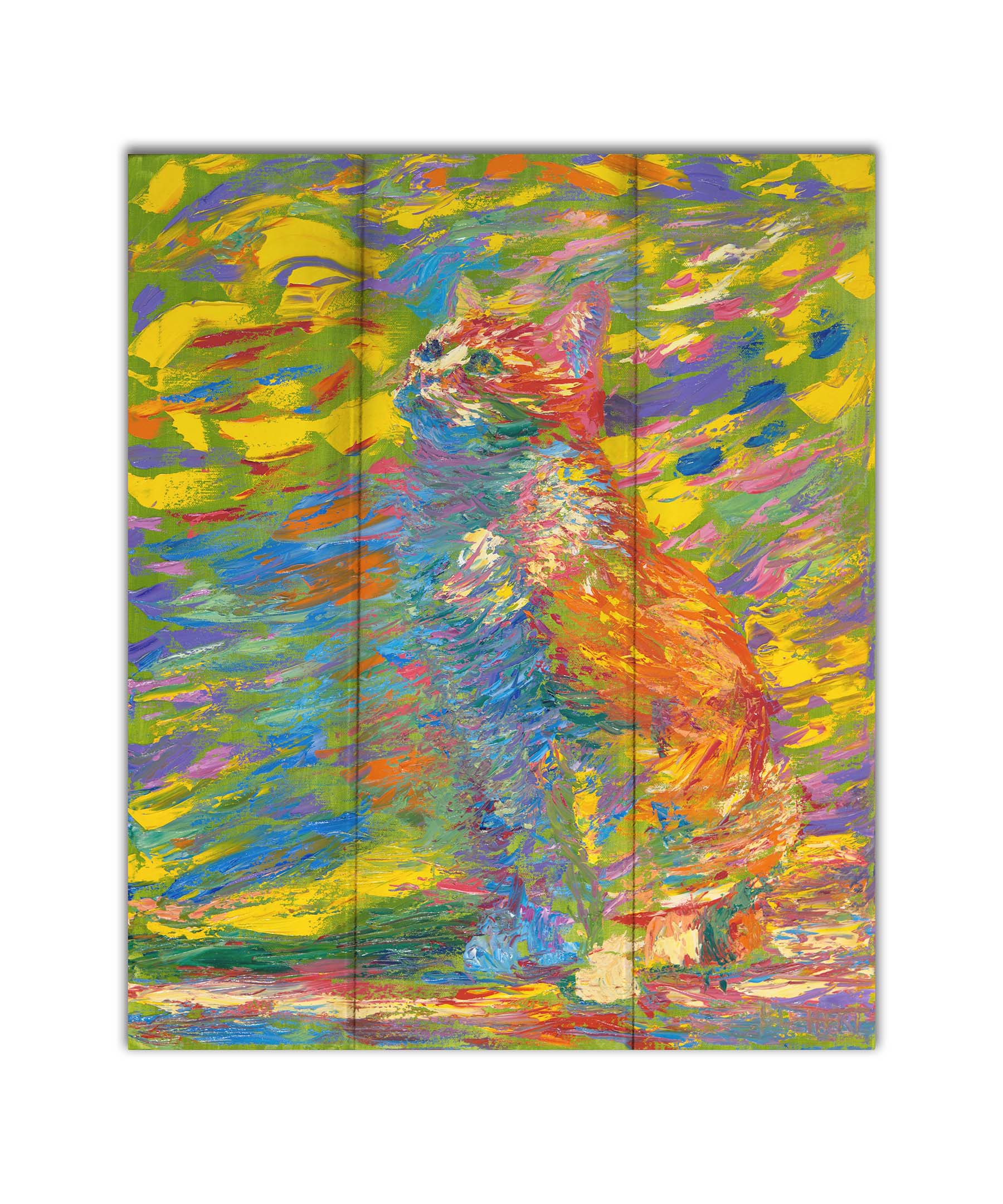 A painting of a cat done in broken color. The cat is sitting in a colorful environment and is composed of arbitrary color. Printed on a box board.