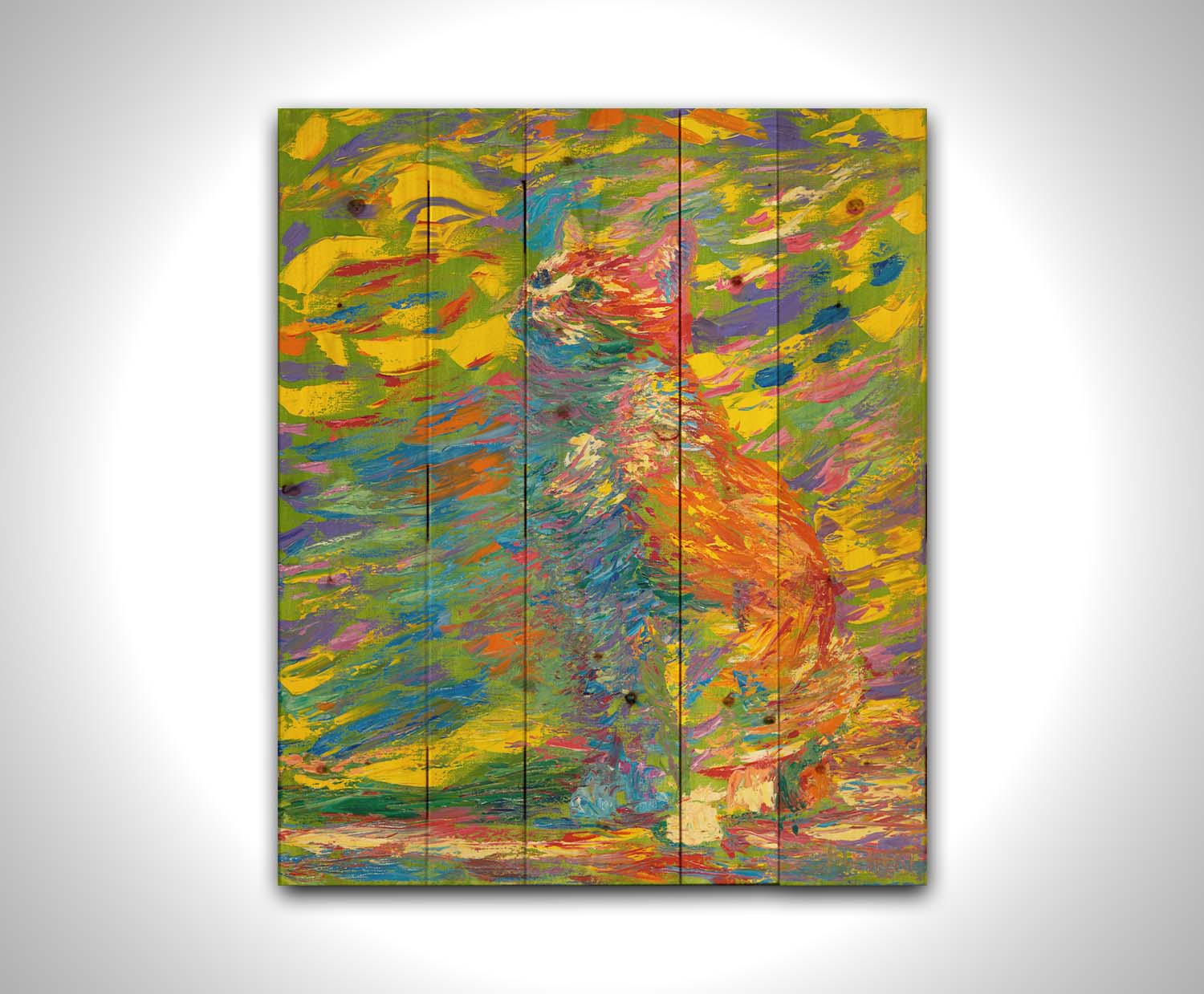 A painting of a cat done in broken color. The cat is sitting in a colorful environment and is composed of arbitrary color. Printed on a pallet.