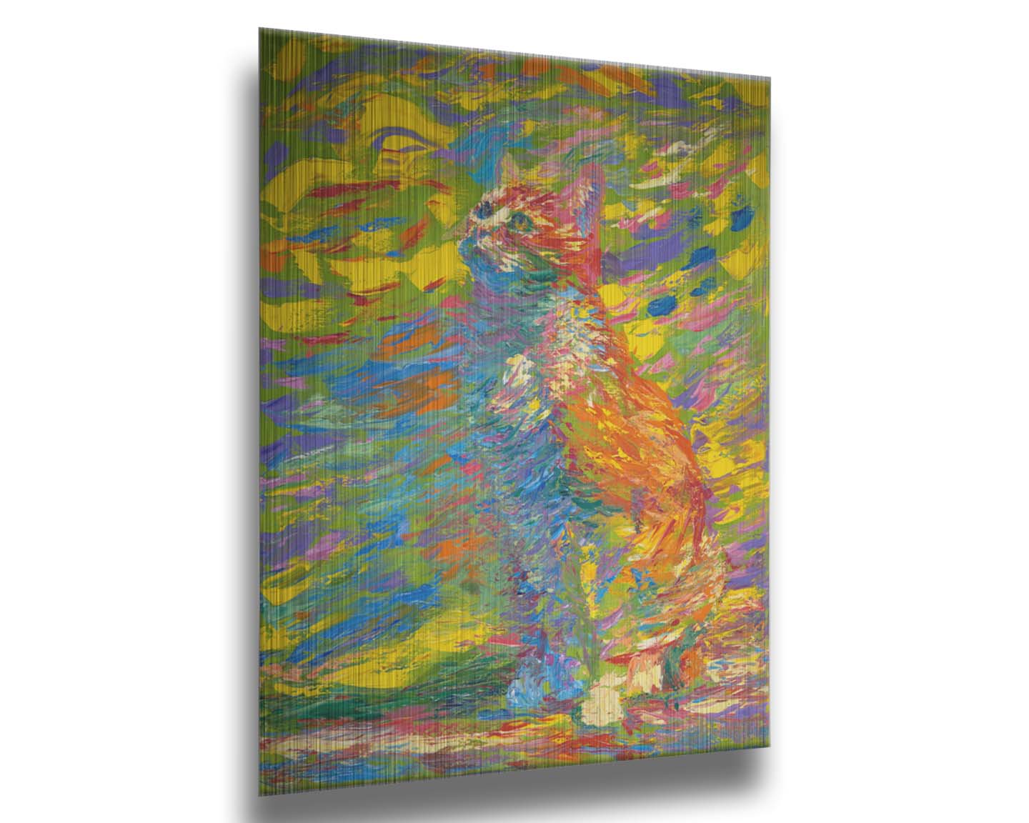 A painting of a cat done in broken color. The cat is sitting in a colorful environment and is composed of arbitrary color. Printed on metal.