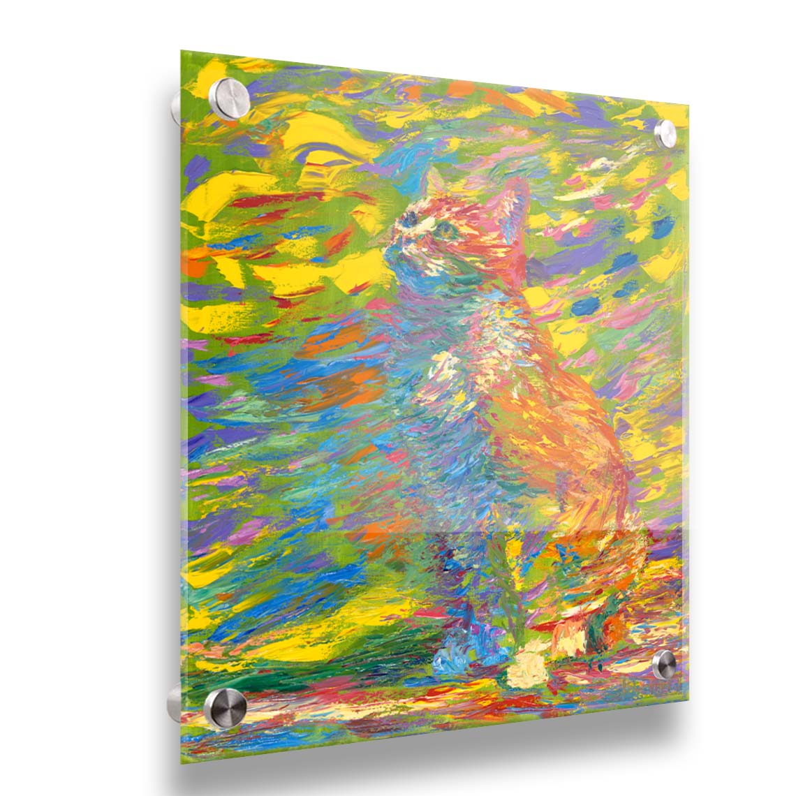 A painting of a cat done in broken color. The cat is sitting in a colorful environment and is composed of arbitrary color. Printed on acrylic.