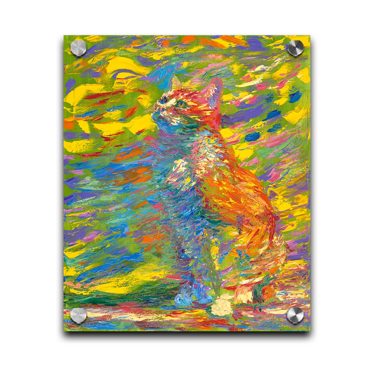 A painting of a cat done in broken color. The cat is sitting in a colorful environment and is composed of arbitrary color. Printed on acrylic.
