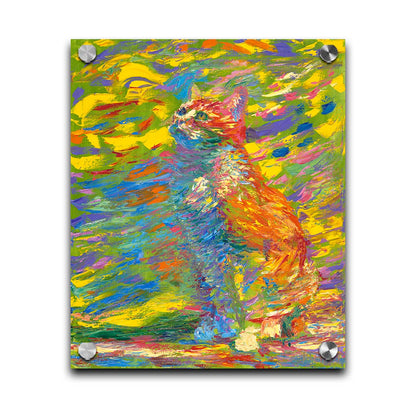 A painting of a cat done in broken color. The cat is sitting in a coloful environment and is composed of arbitrary color. Printed on acrylic.