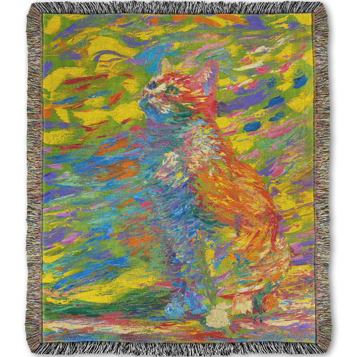 Woven throw designed with a painting of a cat done in broken color. The cat is sitting in a colorful abstract environment.