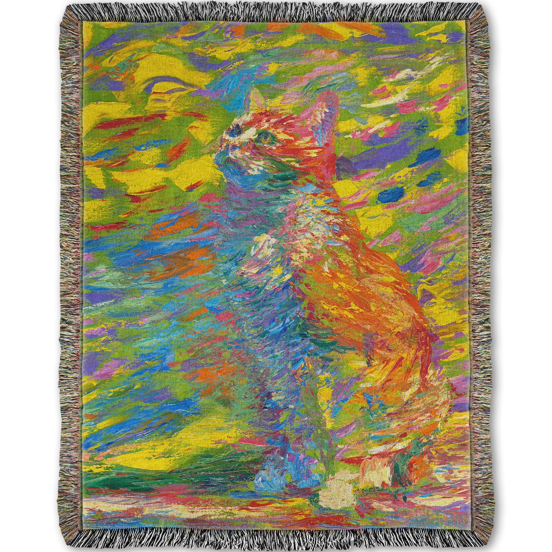 Woven throw designed with a painting of a cat done in broken color. The cat is sitting in a colorful abstract environment.