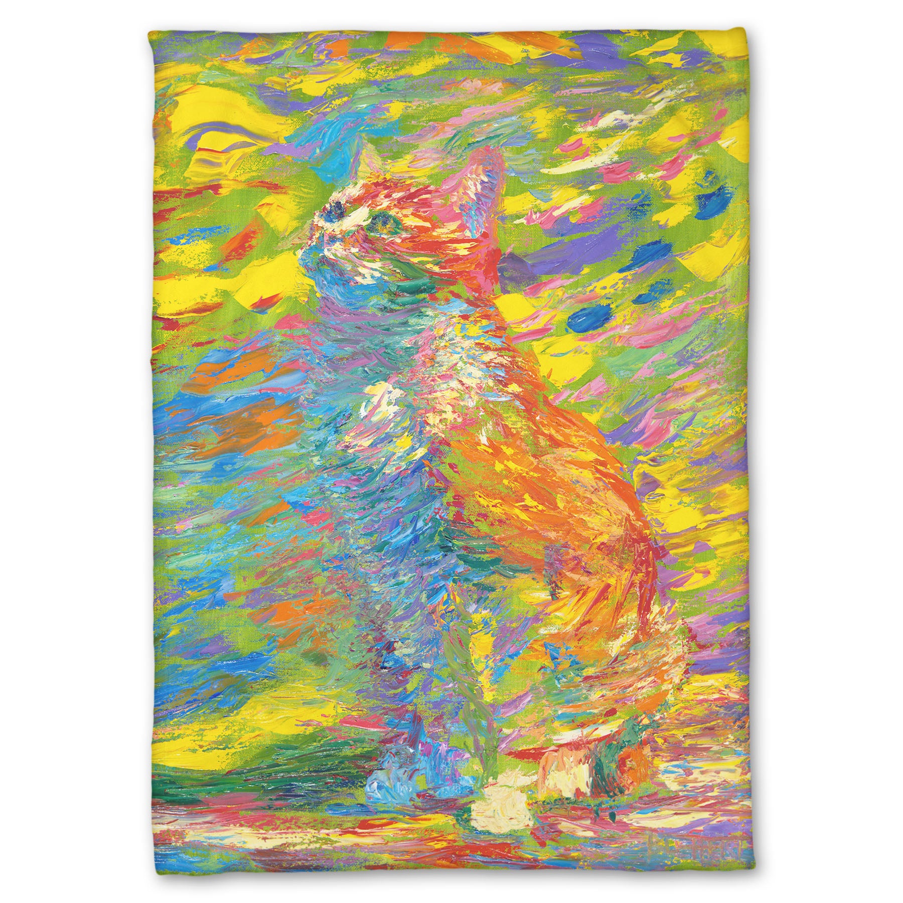 Coral fleece throw blanket designed with a painting of a cat done in broken color. The cat is sitting in a colorful abstract environment.