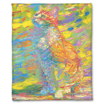 Coral fleece throw blanket designed with a painting of a cat done in broken color. The cat is sitting in a colorful abstract environment.