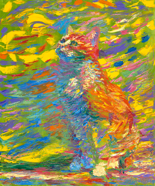 A painting of a cat done in broken color. The cat is sitting in a colorful environment and is composed of arbitrary color. 