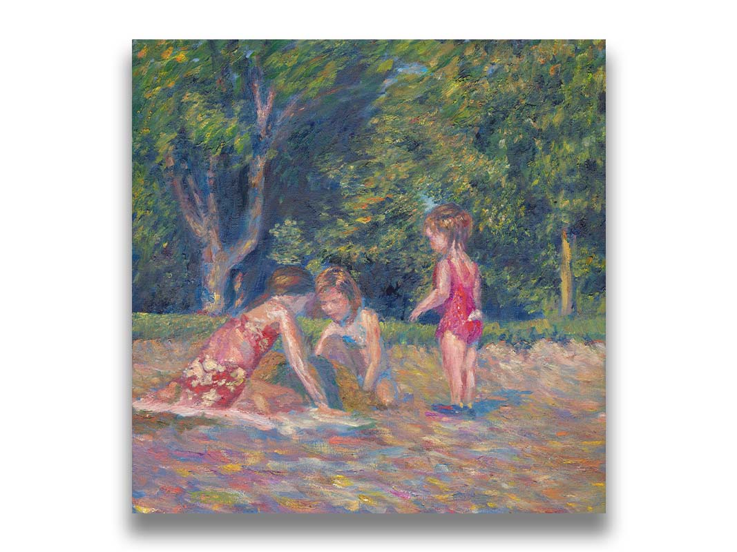 A painting of three children playing in the sand at a beach. Their red swimsuits contrast the green foliage in the background. Printed on canvas.