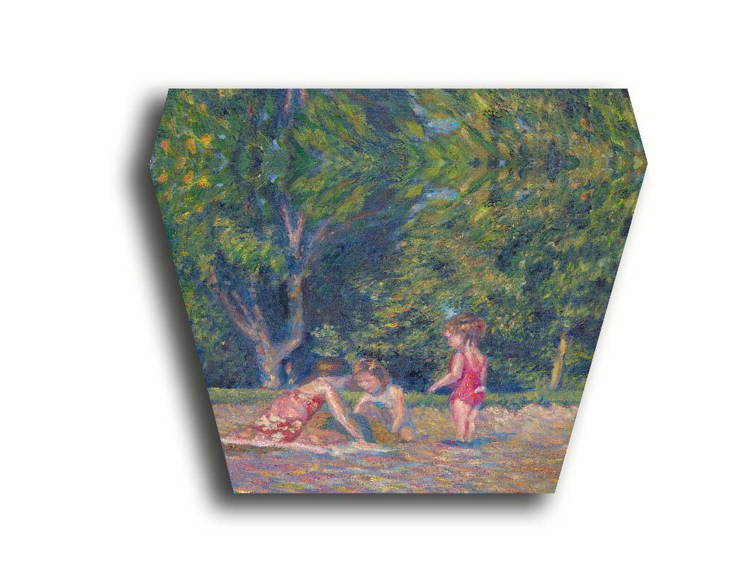 A painting of three children playing in the sand at a beach. Their red swimsuits contrast the green foliage in the background. Printed on canvas.