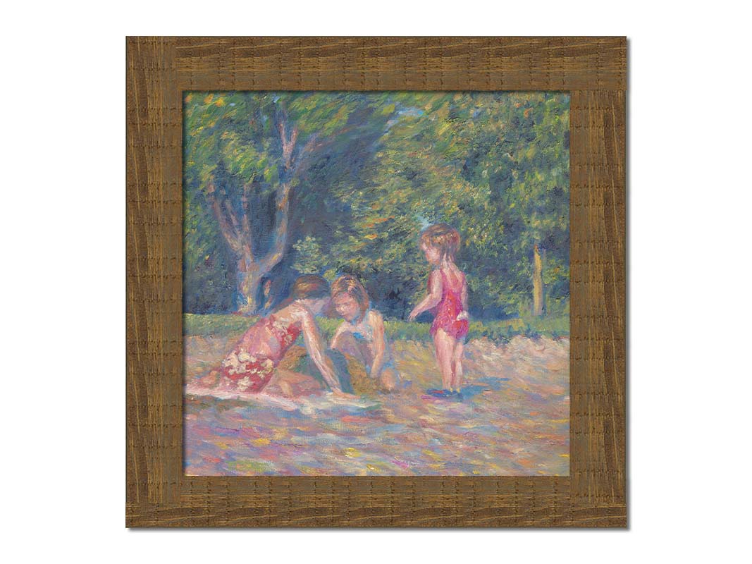 A painting of three children playing in the sand at a beach. Their red swimsuits contrast the green foliage in the background. Printed on canvas and framed.