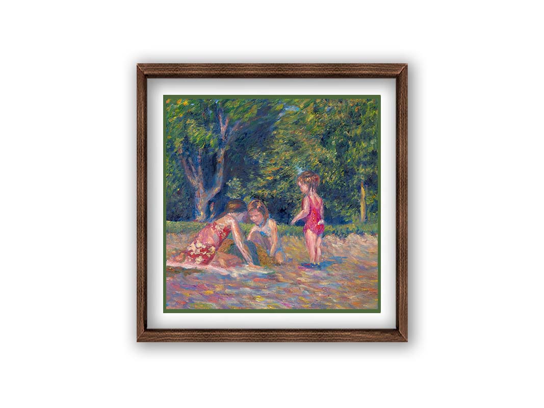 A painting of three children playing in the sand at a beach. Their red swimsuits contrast the green foliage in the background. Printed on paper, matted, and framed.