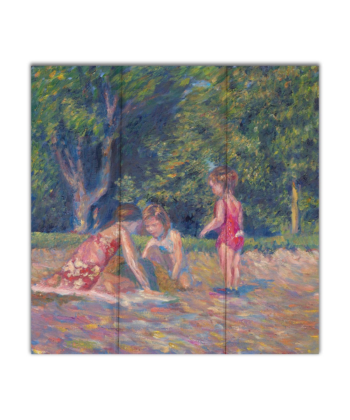 A painting of three children playing in the sand at a beach. Their red swimsuits contrast the green foliage in the background. Printed on a box board.