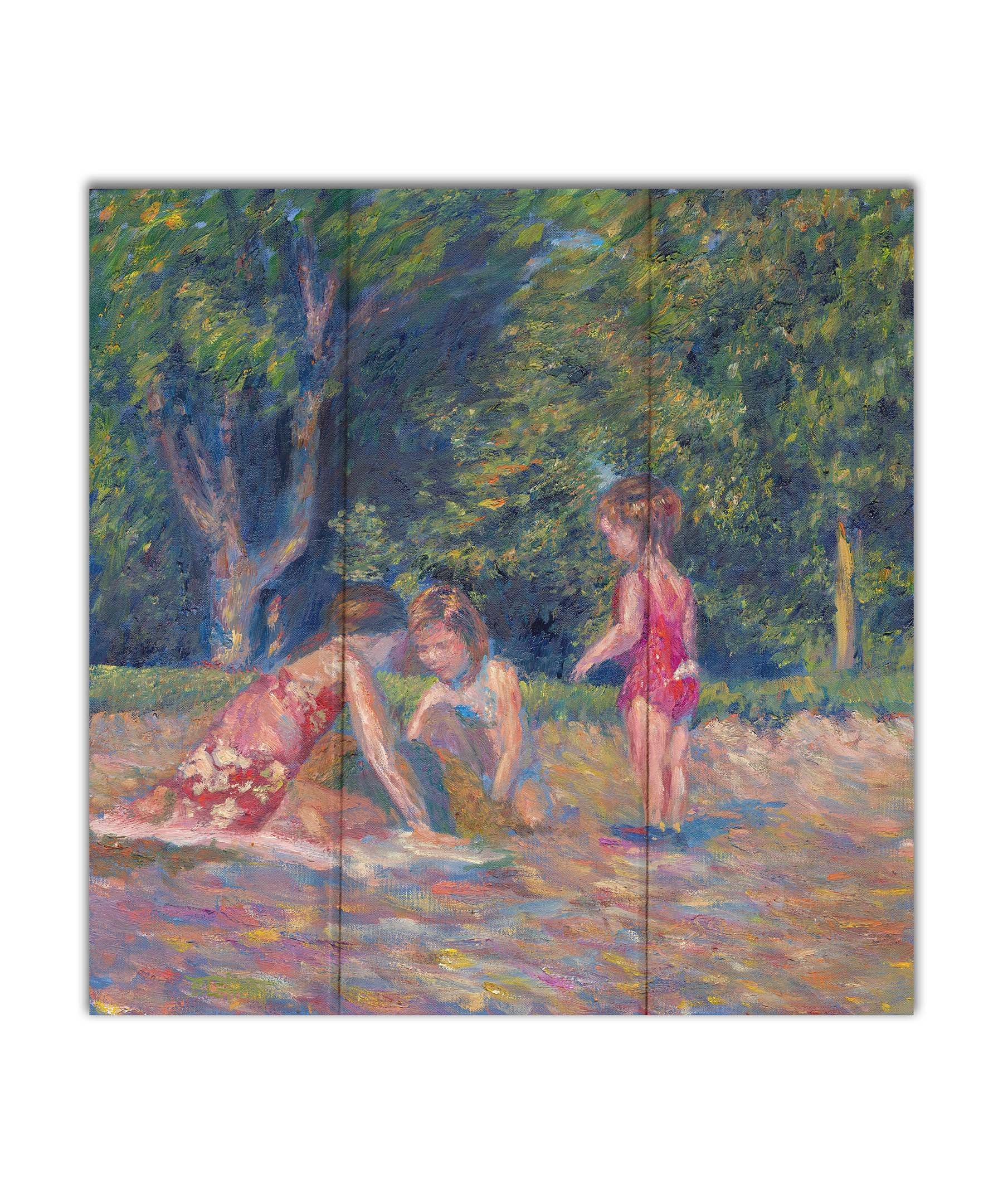 A painting of three children playing in the sand at a beach. Their red swimsuits contrast the green foliage in the background. Printed on a box board.