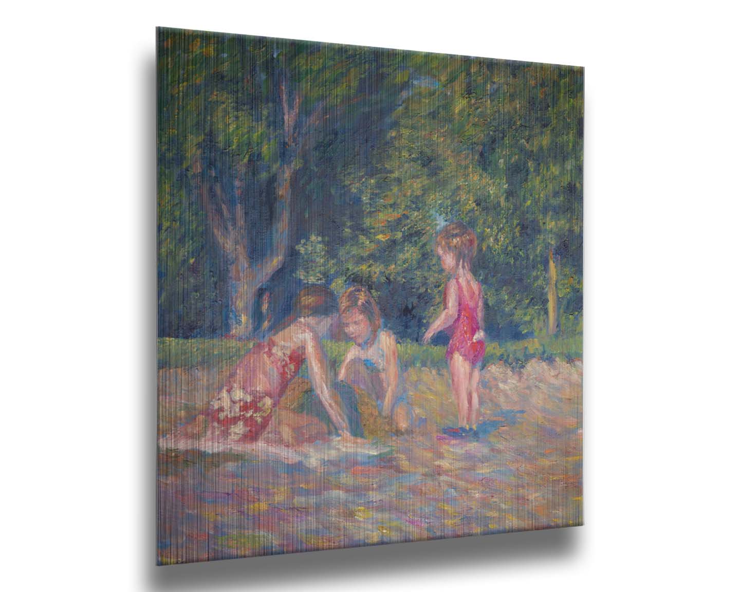 A painting of three children playing in the sand at a beach. Their red swimsuits contrast the green foliage in the background. Printed on metal.