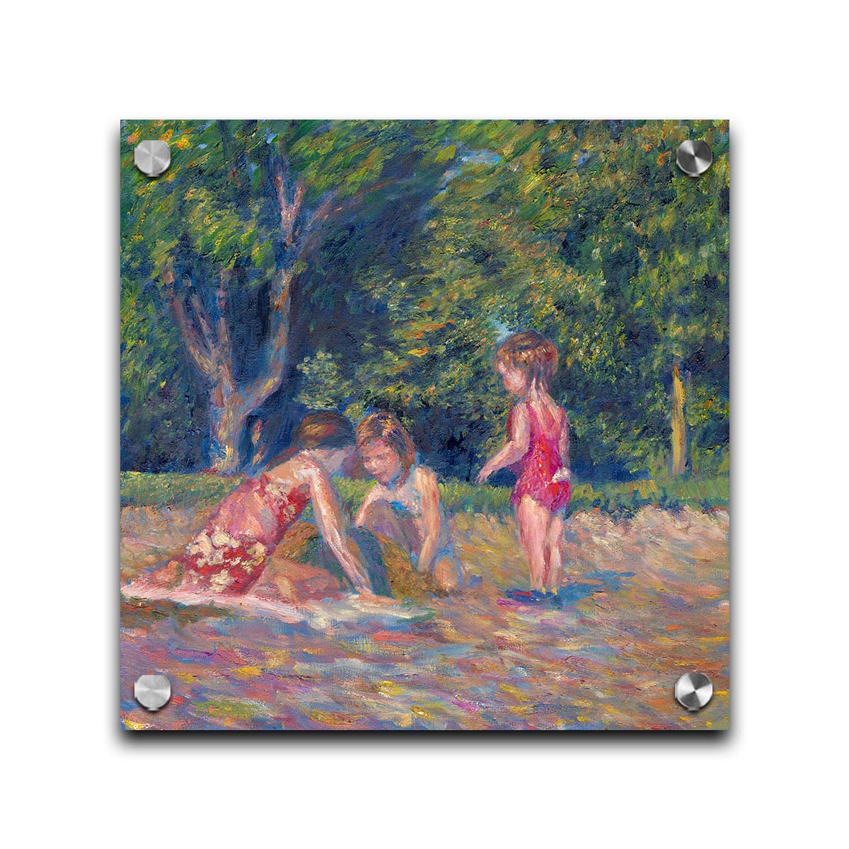 A painting of three children playing in the sand at a beach. Their red swimsuits contrast the green foliage in the background. Printed on acrylic.