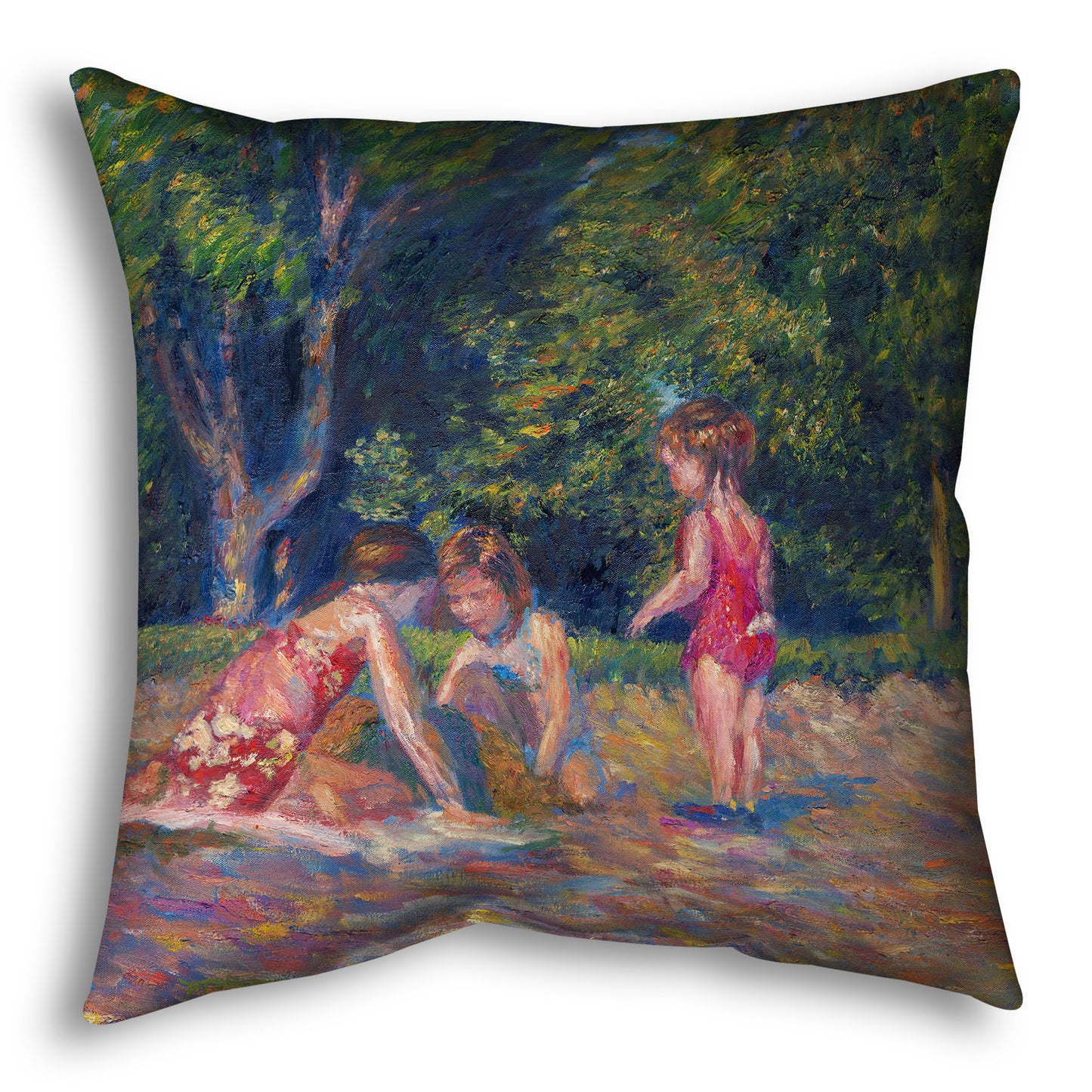 A square throw pillow designed with a painting of three children playing in the sand at a beach. Their red swimsuits contrast the green foliage in the background.