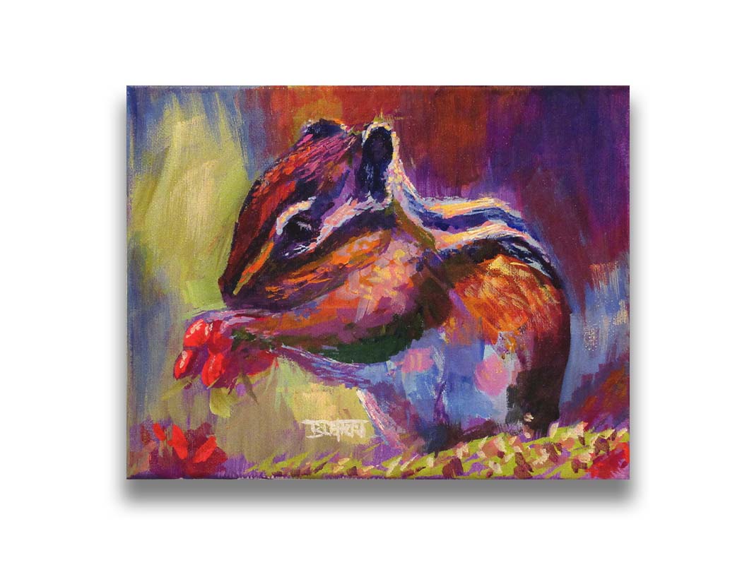 A paintng of a chipmunk eating red berries, in a red and purple color palette using visible brush strokes. Printed on canvas.