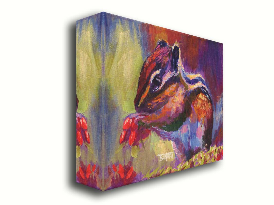 A paintng of a chipmunk eating red berries, in a red and purple color palette using visible brush strokes. Printed on canvas.