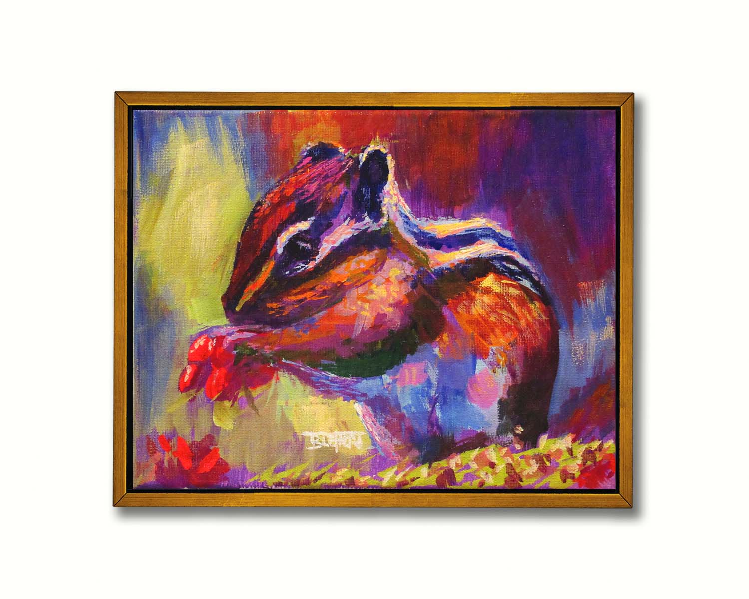 A paintng of a chipmunk eating red berries, in a red and purple color palette using visible brush strokes. Printed on canvas in a float frame.