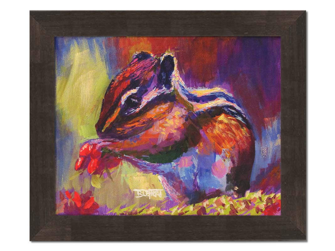 A paintng of a chipmunk eating red berries, in a red and purple color palette using visible brush strokes. Printed on canvas and framed.