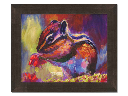 A paintng of a chipmunk eating red berries, in a red and purple color palette using visible brush strokes. Printed on canvas and framed.