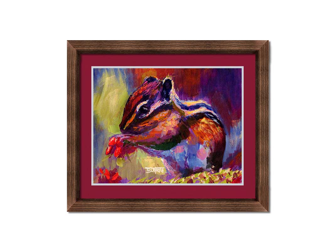 A paintng of a chipmunk eating red berries, in a red and purple color palette using visible brush strokes. Printed on paper, matted, and framed.