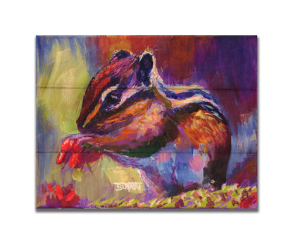 A paintng of a chipmunk eating red berries, in a red and purple color palette using visible brush strokes. Printed on a box board.