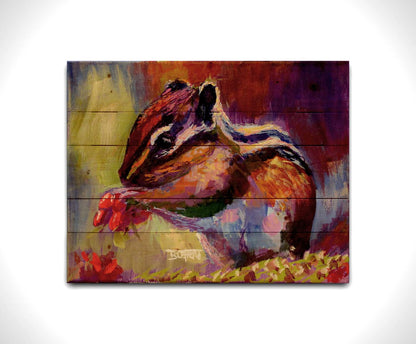 A paintng of a chipmunk eating red berries, in a red and purple color palette using visible brush strokes. Printed on a wood pallet.