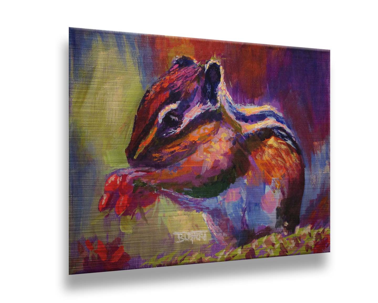 A paintng of a chipmunk eating red berries, in a red and purple color palette using visible brush strokes. Printed on metal.