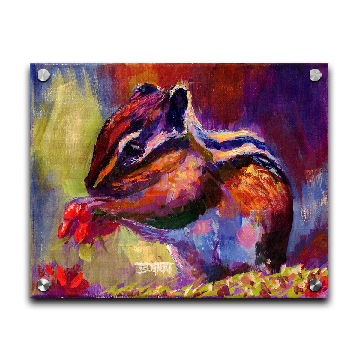 A paintng of a chipmunk eating red berries, in a red and purple color palette using visible brush strokes. Printed on acrylic.