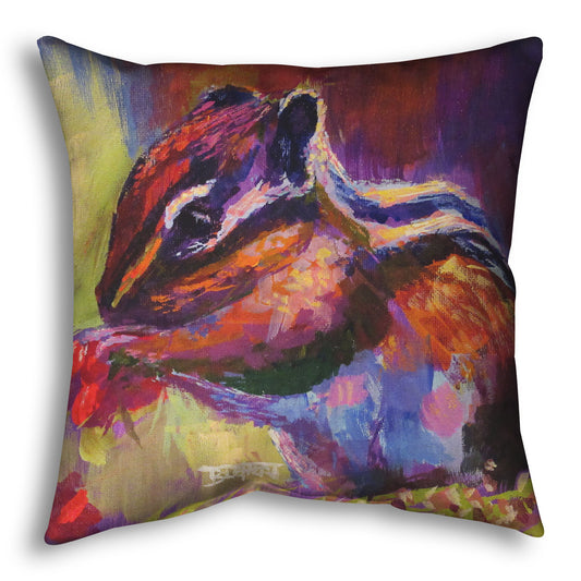 Throw pillow designed with a painting of a chipmunk eating red berries, in a red and purple color palette using visible brush strokes. 