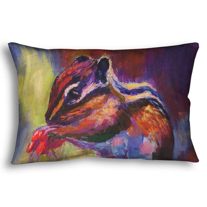 Throw pillow designed with a painting of a chipmunk eating red berries, in a red and purple color palette using visible brush strokes. 