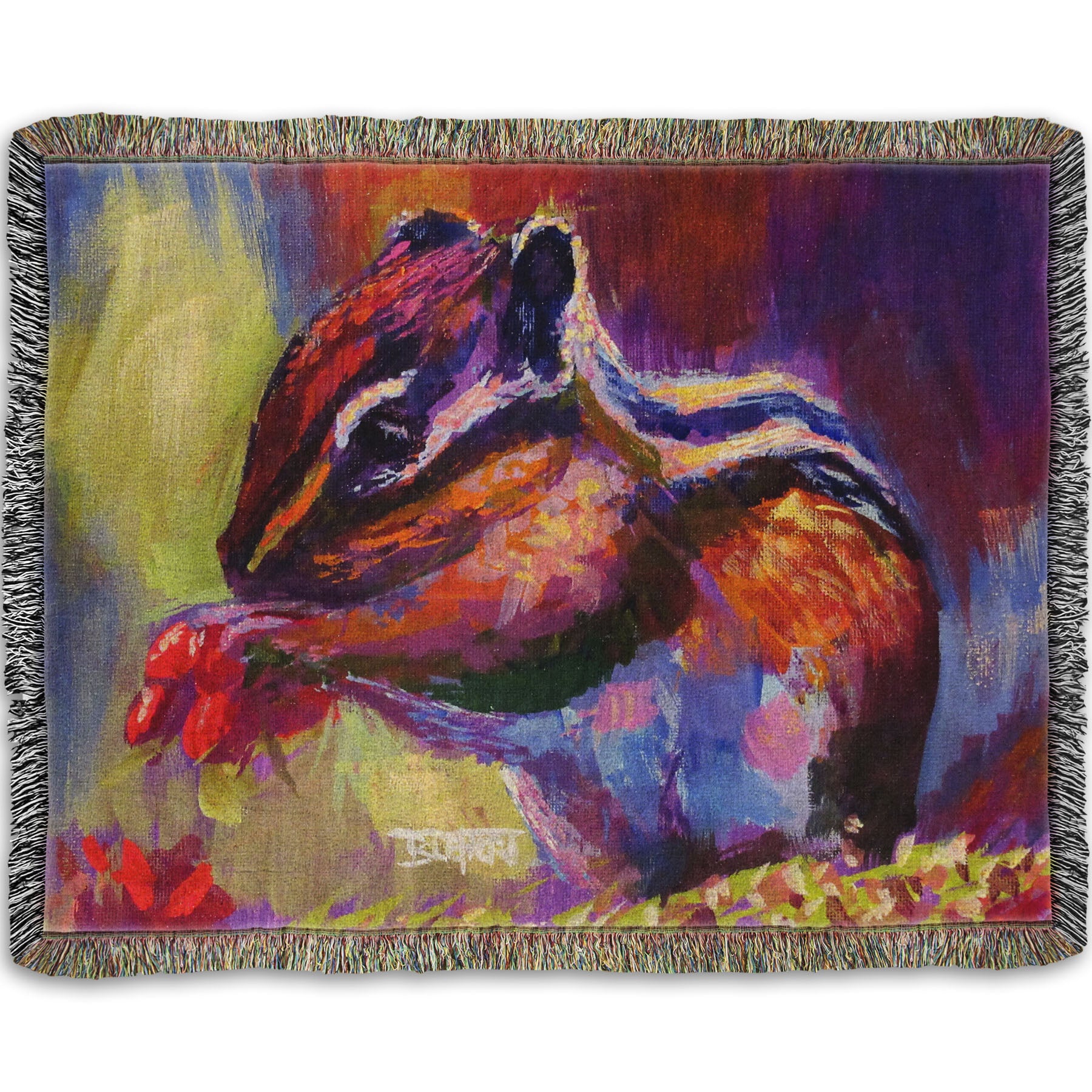 Woven throw blanket designed with a painting of a chipmunk eating red berries, in a red and purple color palette using visible brush strokes. 