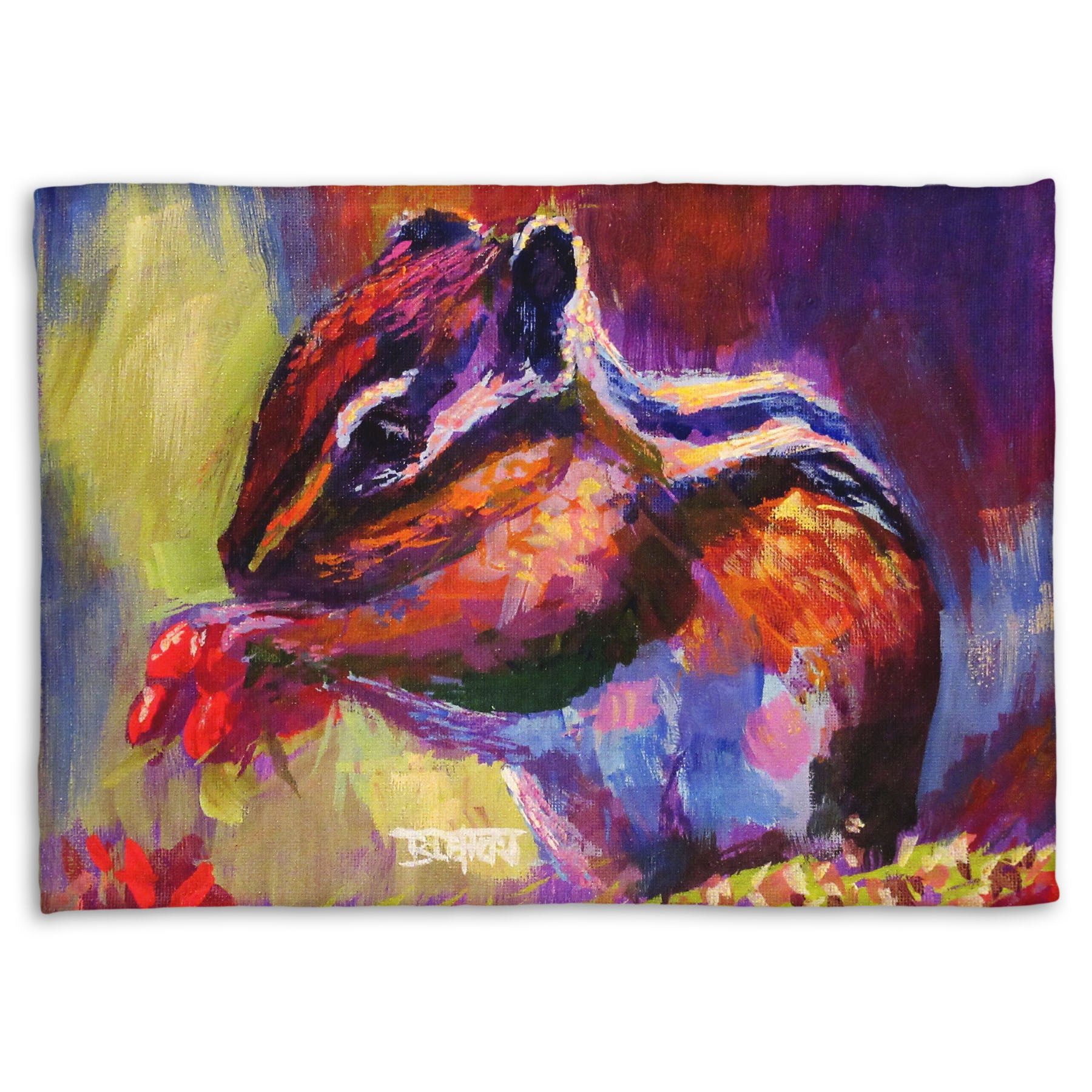 Fleece blanket designed with a painting of a chipmunk eating red berries, in a red and purple color palette using visible brush strokes. 