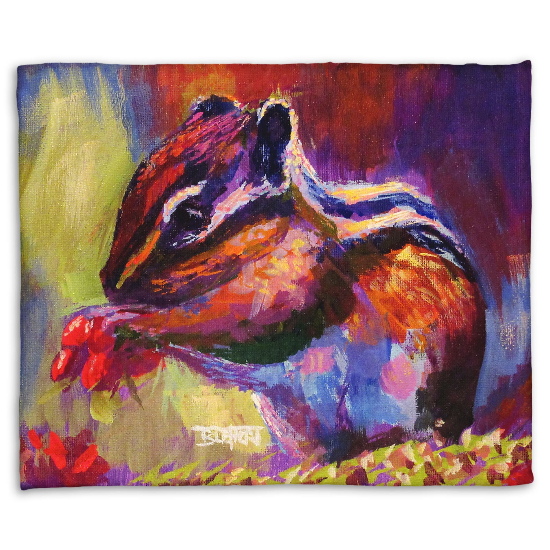 Fleece blanket designed with a painting of a chipmunk eating red berries, in a red and purple color palette using visible brush strokes. 